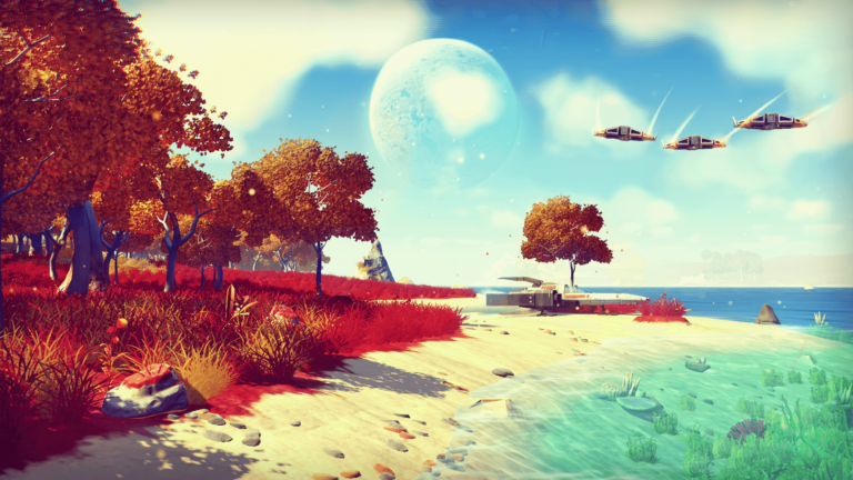 Ein Screenshot aus No Man's Sky, ein Strand gesäumt mit roten Bäumen